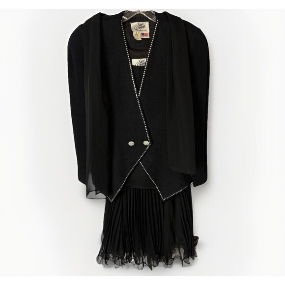 Vtg Sicari Evenings 80s 3 Pc Suit Blazer Skirt Tank Knit Rhinestone Black Glam 6 - Picture 1 of 11